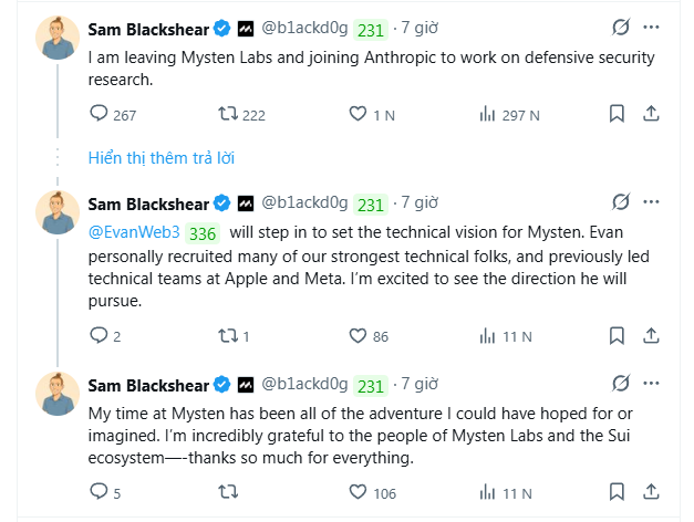 A screenshot of tweets from Sam Blackshear (@blakck0g) announcing he is leaving Mysten Labs to join Anthropic for defense security research, while praising EvanWeb3's leadership.
