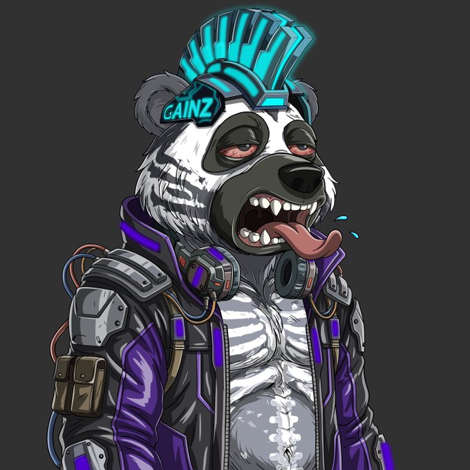 A digital illustration of a cybernetic panda wearing purple and gray tactical armor, featuring a cyan mohawk, the word 'GAINZ' on its visor, and a crazed expression with bared teeth and tongue.