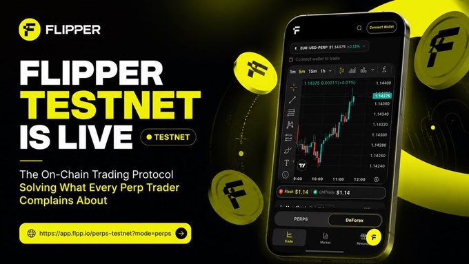 Flipper Testnet promotional graphic advertising their on-chain perpetual trading protocol as live, with a phone mockup showing EUR/USD-PERP trading interface.
