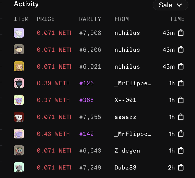 A cryptocurrency NFT marketplace activity feed showing recent sales with prices in WETH, including items from sellers 'nihilus', '_MrFlippe...', 'X--001', 'asaazz', 'Z-degen', and 'Dubz83' with various rarity rankings.