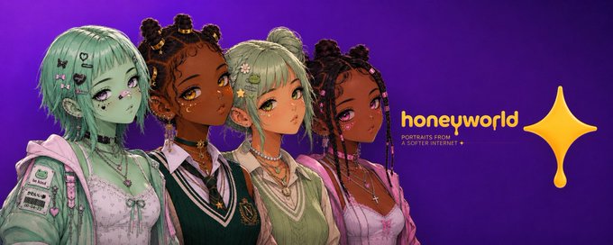 Promotional banner for 'honeyworld' featuring four anime-style female characters with colorful hair against a purple background, with text reading 'honeyworld - PORTRAITS FROM A LOST INTERNET'.