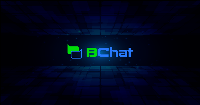 The BChat logo, featuring a green speech bubble icon and blue text, glows in the center of a dark blue, block-textured digital space.