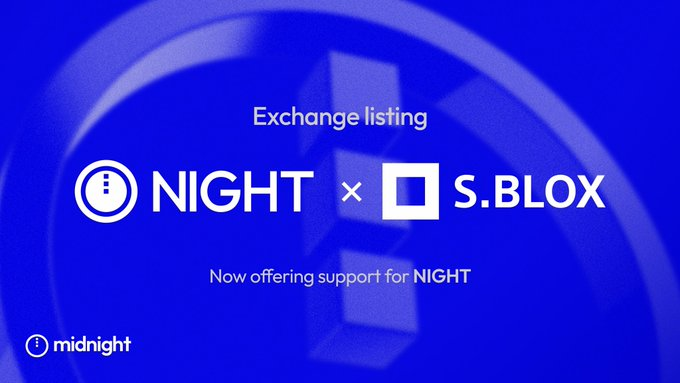 A blue promotional graphic announces an "Exchange listing" between NIGHT and S.BLOX, stating "Now offering support for NIGHT" alongside the midnight logo.