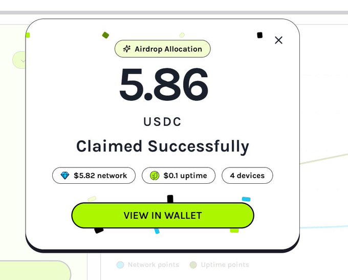 A green-themed app interface showing 'Airdrop Allocation' of 5.86 USDC 'Claimed Successfully,' with breakdown details of $5.82 network, $0.1 uptime across 4 devices, and a 'VIEW IN WALLET' button.