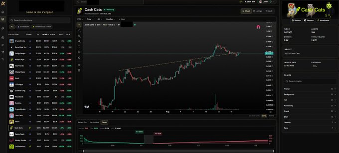 A dark-themed Robinhood Chain NFT marketplace dashboard shows the “Cash Cats” collection ($CASH), with its price chart trending sharply upward after consolidation. A right-hand panel indicates a 0.2 ETH floor, only 50 listings below that level, and thin supply toward 0.3 ETH—supporting the post’s view that Cash Cats could lead the next NFT leg up.