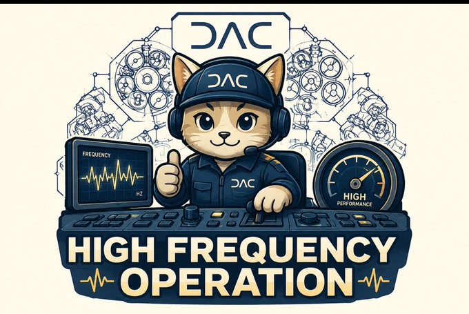 A cartoon illustration of a Shiba Inu dog wearing a cap and headset, giving a thumbs-up while operating a DJ mixing console, with text reading 'DAC' and 'HIGH FREQUENCY OPERATION'.