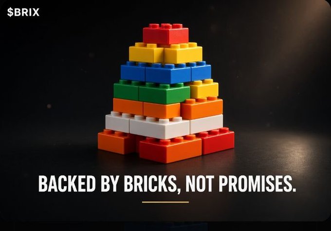 A marketing graphic for '$BRIX' features a pyramid stack of colorful toy bricks on a dark background with the tagline 'BACKED BY BRICKS, NOT PROMISES.'