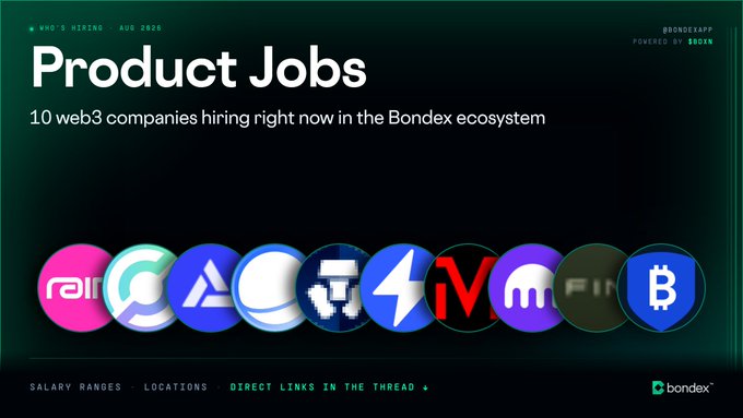 A dark green banner titled "Product Jobs" by Bondex (@BONDEXAPP, powered by $BDXN) advertises "10 web3 companies hiring right now in the Bondex ecosystem," featuring a row of 10 colorful circular company logos including Rain, what appears to be CoinList, and others, with a note at the bottom stating "Salary ranges, locations, + direct links in the thread." The image visually introduces the post's roundup of web3 product job opportunities across the Bondex network.
