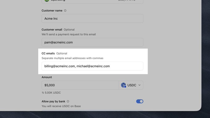 A screenshot of a payment form on a computer, showing fields for 'Customer name' (Acme Inc), 'Customer email', 'CC emails' (highlighted with billing@acmeinc.com, michael@acmeinc.com), and an 'Amount' of $5,000 USDC.