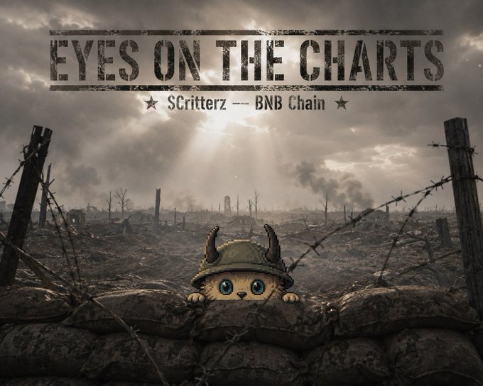 A promotional image titled 'EYES ON THE CHARTS - SCritterz — BNB Chain' features a cartoon cat wearing a Viking helmet peeking over sandbags in a World War I-style battlefield with barbed wire and destroyed trees.