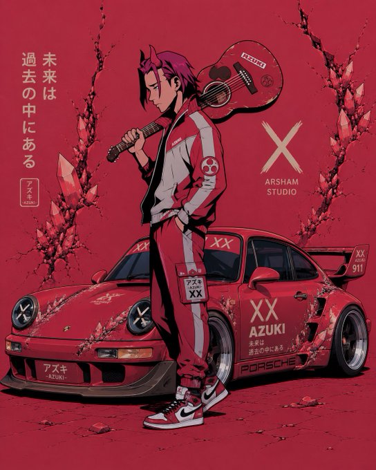 Anime-style illustration of a red-haired character in a red and white jacket holding a guitar, standing in front of a red Porsche 911 with 'XX AZUKI' branding and 'ARSHAM STUDIO' text on a cracked red background.