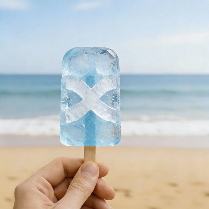 A hand holds up a blue ice pop with a frosty "X" design on it against a sunny beach backdrop, with the simple caption "the only thing that keeps me cool" jokingly implying the icy treat is the sole reprieve from the hot seaside weather.