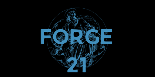 This image displays "FORGE 21" in large blue text over a circular illustration of a figure holding a quill. It visually represents the event mentioned in the accompanying post.