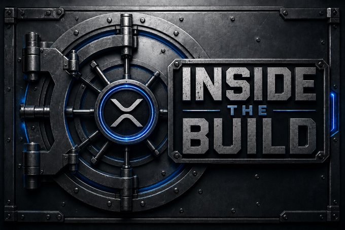 A metallic vault door with a glowing blue XRP logo opens to reveal the bold text "INSIDE THE BUILD," serving as a striking visual teaser for an upcoming Monolith XRPL page redesign focused on a HUD-style profile experience.