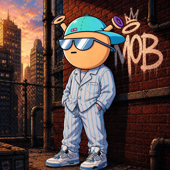 A cartoon character wearing a teal cap, oversized reflective sunglasses, and blue-striped pajamas with sneakers, standing against a brick wall with "MOB" graffiti at sunset.