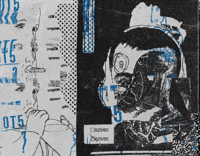 An abstract, mixed-media collage or print featuring fragmented faces, blue and black ink textures, a halftone pattern, and text indicating an edition number of '525/60' crossed out and corrected to '625/50'.