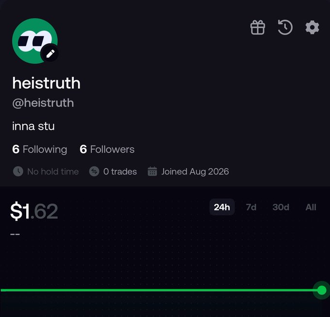 A dark-themed user profile screen for "heistruth" (@heistruth) displaying "inna stu" as the bio, 6 followers, 6 following, joined Aug 2026, and a portfolio value of $1.62.