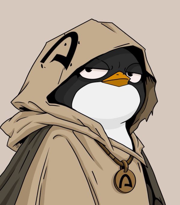 An illustration of a penguin character wearing a beige hooded cloak with a distinctive 'A' logo, looking unimpressed with half-closed eyes.
