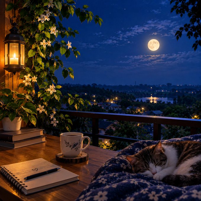 A cozy nighttime scene on a balcony featuring a sleeping cat, a lit candle in a lantern, a coffee mug, and a notebook, with a full moon overlooking a town and river in the background.