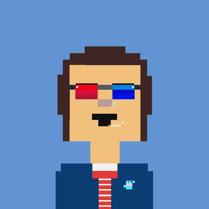 A pixel art portrait of a man with red/blue 3D glasses, a cigarette in his mouth, wearing a suit with a red and white striped tie and a blue pocket square against a blue background.