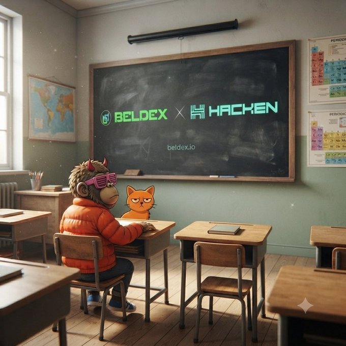 A classroom scene shows a monkey in an orange puffer jacket and pink shutter shades sitting at a desk beside an orange cat, facing a chalkboard that displays the logos "BELDEX × HACKEN" along with "beldex.io." The whimsical educational setting visually reinforces the post's message about Beldex and Hacken advancing privacy-focused, decentralized Web3 infrastructure as foundational learning for a secure digital future.