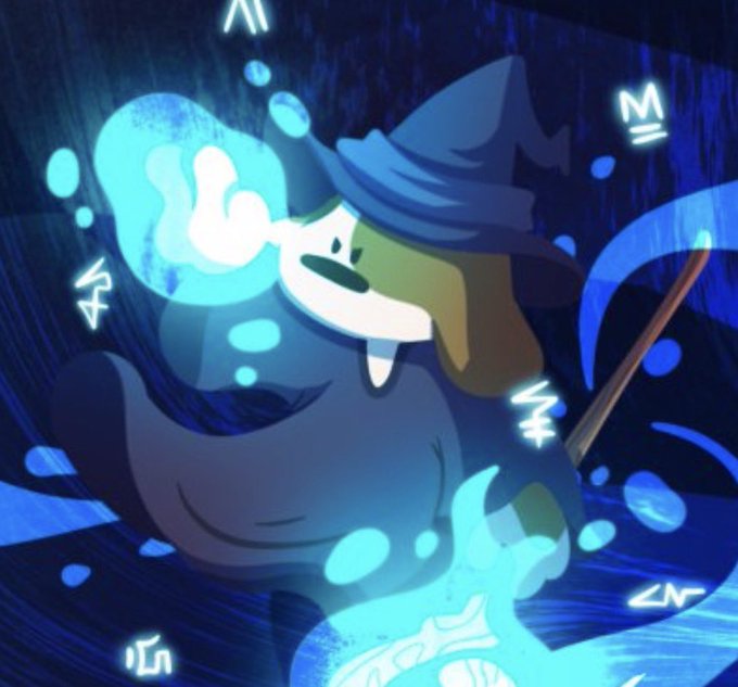 An animated illustration of a small character wearing a wizard hat, casting blue magical spells with a staff, set against a dark background with glowing symbols.
