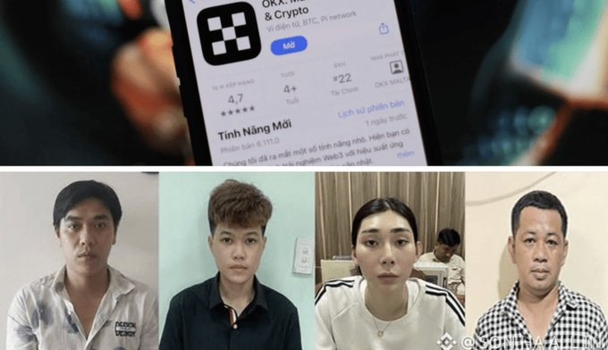 A composite image showing the OKX cryptocurrency app listing at #22 on an app store with Vietnamese text, above four mugshot-style photos of individuals.