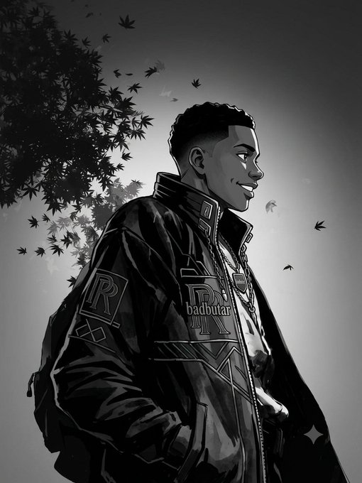 A black and white stylized digital illustration of a smiling young man wearing a jacket with the letters 'R' and 'IX' visible, with a watermark reading 'badbutar' across his chest, set against a backdrop of a tree and falling leaves.