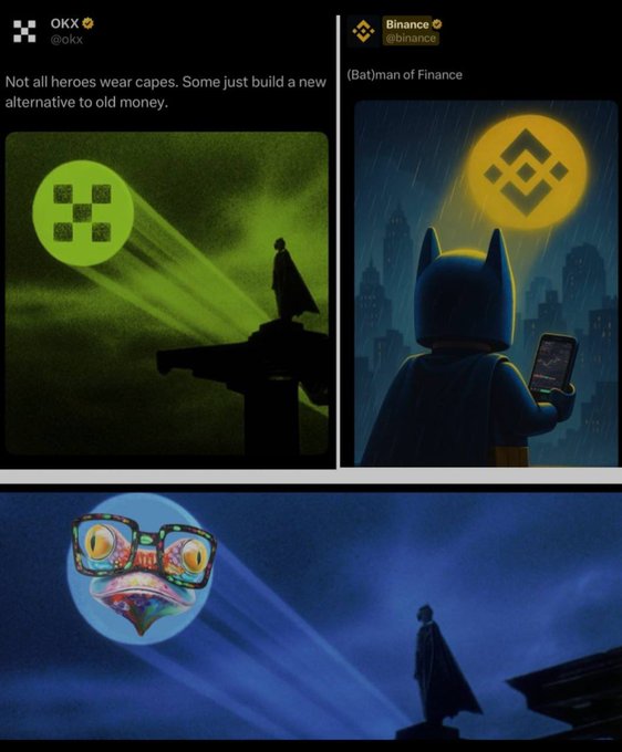 A playful exchange between OKX and Binance on social media, with OKX posting a Batman-style image using their logo as the bat signal and the caption "Not all heroes wear capes. Some just build a new alternative to old money," followed by Binance responding with their own bat-signal showing a cat in a Batman mask using a phone, captioned "(Bat)man of Finance." The meme cleverly turns the spotlight around by depicting Binance in a quirky frog-like Batman suit, showing how the two exchanges are playfully sparring about their respective platforms.