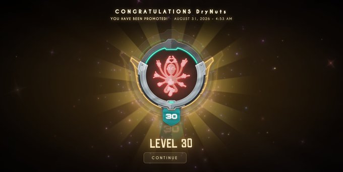 A video game promotion screen congratulating user 'DryNuts' on reaching LEVEL 30, featuring a glowing red octopus emblem on a starry golden background with timestamp 'AUGUST 31, 2026 - 4:53 AM'.