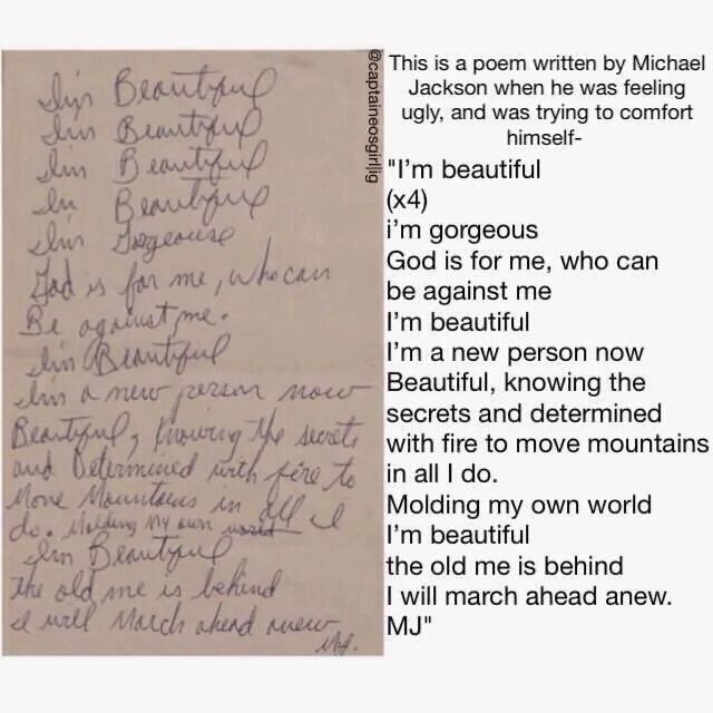 An image showing a handwritten poem on paper alongside its typed transcription, which is purportedly written by Michael Jackson and begins 'I'm beautiful,' repeated four times, expressing self-confidence and determination.