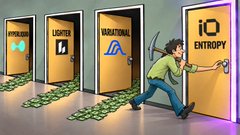 A cartoon illustration shows a man running through doors labeled 'HYDROGEN', 'LOBBY', 'VARIATION', and finally opening a door labeled 'NO ENTROPY', with piles of money scattered on the floor.