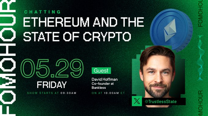 The image features a poster for an event where a man will be speaking about the state of cryptocurrency, specifically Ethereum. The poster includes a photo of the speaker's face and the title "ETH is money" written below him. The event appears to be happening on Friday at 9:30 am, as indicated by the time stamp in the image.