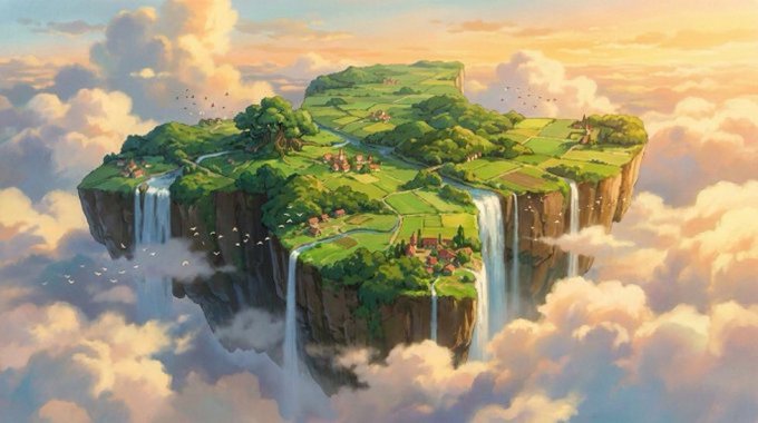 A fantastical illustration depicts a floating island with green fields, forests, small villages, and waterfalls cascading off its edges into the clouds below, bathed in warm sunset light.