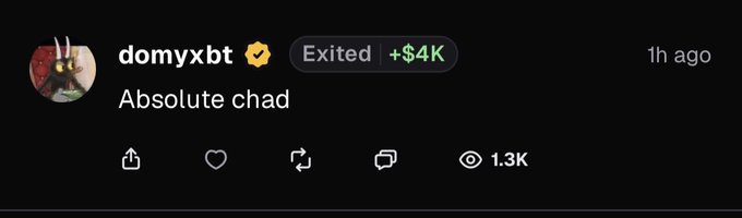 A screenshot of a social media post by user "domyxbt" (verified), tagged "Exited | +$4K," commenting "Absolute chad" with 1.3K views, posted 1 hour ago, humorously reinforcing the poster's rant about someone profiting $4K while they lost $10K round-tripping on a Solana tweet.