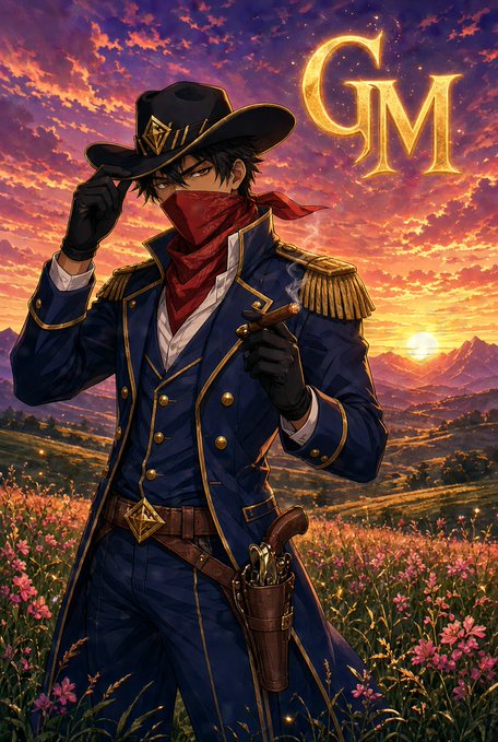 An anime-style cowboy in a blue coat, red bandana, and wide-brimmed hat stands in a flower field at sunset, with golden letters 'GM' floating in the sky.