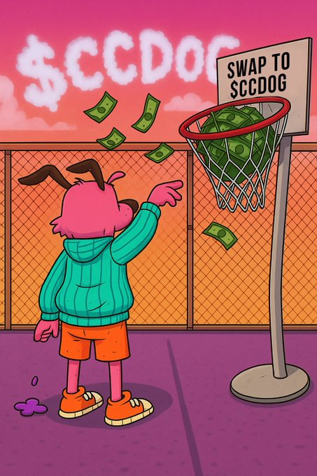 A cartoon illustration of a pink dog character in a teal hoodie shooting money into a basketball hoop labeled 'SWAP TO $CCDOG', with '$CCDOG' written in the sky.