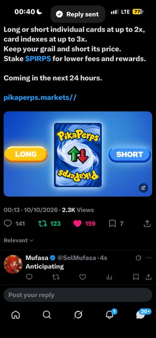 A mobile screenshot of an X (Twitter) post from PikaPerps announcing a feature where users can long or short individual cards at up to 2x leverage using $PIRPS, with 2.3K views.
