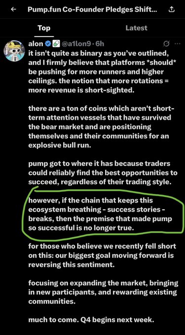 A screenshot of a post by 'alon' (@a1lon9) about Pump.fun, with a circled section reading 'however, if the chain that keeps this ecosystem breathing - success stories - breaks, then the premise that made pump so successful is no longer true.'