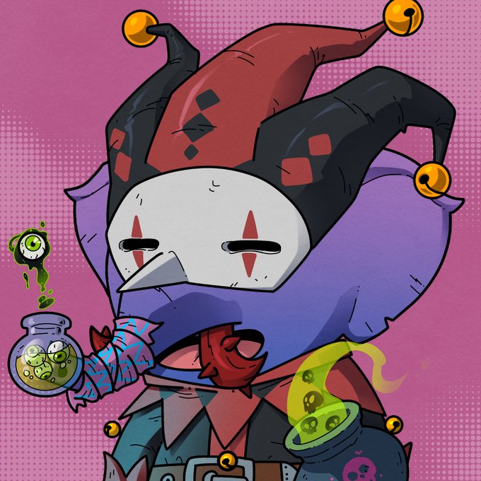 A cartoon jester character with a white mask, red and black diamond-patterned hat, and purple collar holds a potion bottle containing green liquid and eyeballs.