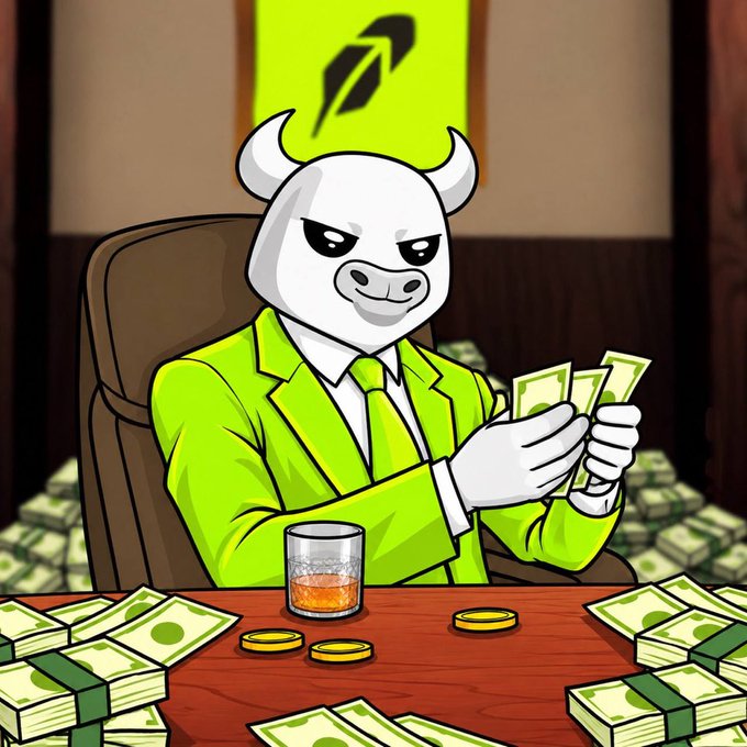 An anthropomorphic bull in a green suit sits confidently behind a desk piled with stacks of cash, holding more money in hand, with a Rockstar Energy-style logo displayed behind him. The image embodies the "BULLISH AS FUCKK" post by depicting a powerful, wealth-drenched bull symbolizing extreme market optimism and gains.