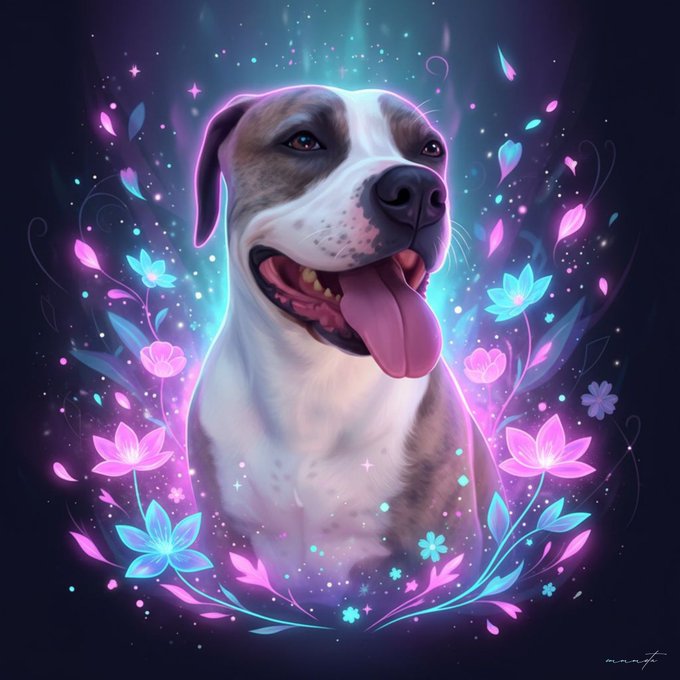 A digital illustration of a happy white and brown dog with its tongue out, surrounded by glowing pink and blue flowers and sparkles.