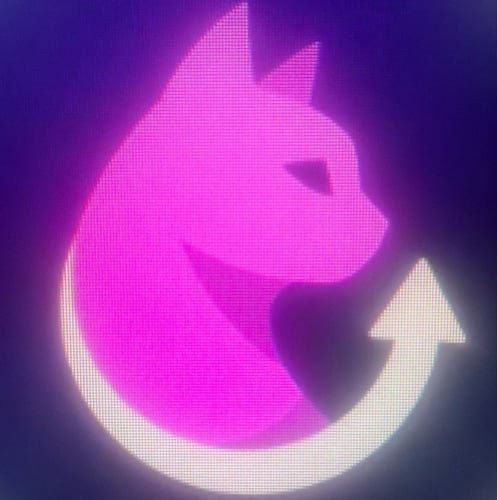The image shows a glowing pink and purple neon-style logo of a stylized cat with a mischievous grin, curled into a circular shape with its tail forming an upward arrow — the mascot for the cryptocurrency PastelAlpha. The fiery, luminous design visually conveys hype and rising momentum, matching the post's boast about impressive unrealized profits (PNLs).