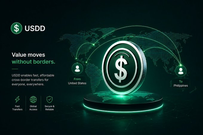 A promotional graphic for USDD stablecoin featuring a glowing green dollar coin, a world map background, and the tagline 'Value moves without borders' promoting cross-border transfers from United States to Philippines.
