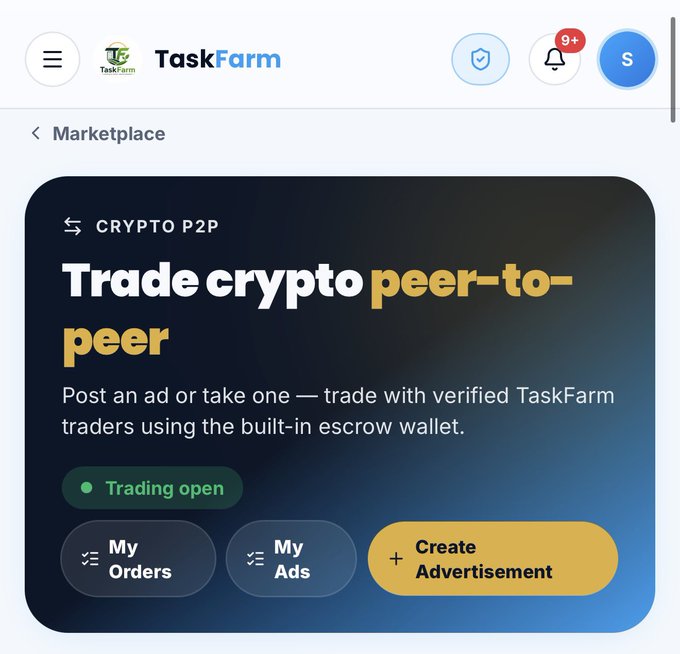 The image shows the TaskFarm Crypto P2P Marketplace page, featuring a "Trading open" status and buttons for "My Orders," "My Ads," and "Create Advertisement," with a description inviting users to "Trade crypto peer-to-peer" by posting or taking ads. The page ties into the post by serving as the platform where users can trade the mentioned unlisted tokens (ITL, MEC, Rubi, Sidra, GXT, ATOS) directly with verified TaskFarm traders using the built-in escrow wallet.