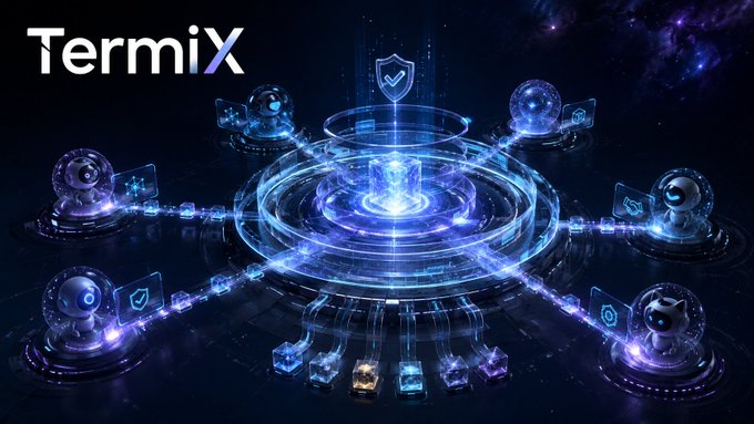 A futuristic digital graphic for 'TermiX' featuring a glowing blue central platform surrounded by interconnected security camera nodes and shield icons against a space backdrop.