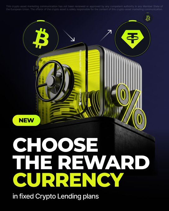 A promotional crypto advertisement featuring a yellow and black reward box with a percentage symbol and spinning wheel, displaying Bitcoin (BTC) and Tether (USDT) logos. The bold text reads "NEW CHOOSE THE REWARD CURRENCY in fixed Crypto Lending plans," directly illustrating the post's offer to earn rewards in a different cryptocurrency than the one deposited.