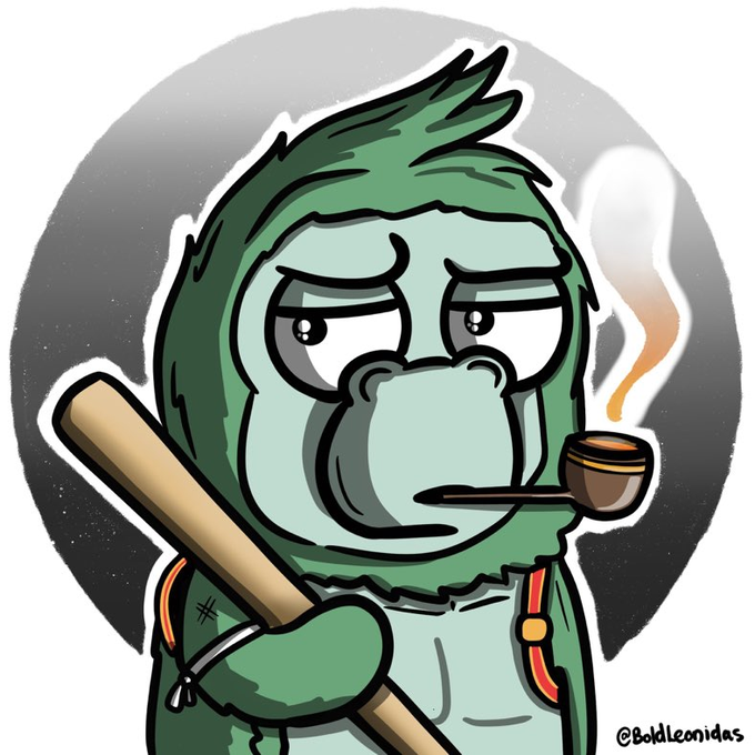 A cartoon illustration depicts a green-skinned ape or monkey character wearing a green hooded outfit, holding a baseball bat and smoking a pipe, with the artist's signature '@BoldLeonidas' in the corner.