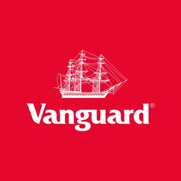 The image features an abstract red background with a white sailboat logo at the center, depicting three tall masts against a red backdrop. The text "VANGUARD" written below the sails reads vertically aligned and appears to be white.