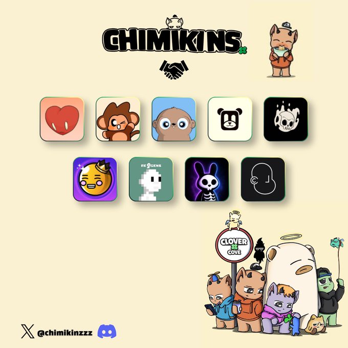 A 'CHIMIKINS' promotional image displaying nine app icons in a grid, featuring various characters including a monkey, panda, and skull, along with a 'Clover Cove' sign and cartoon animal characters at the bottom, tagged @chimikinszzzz.